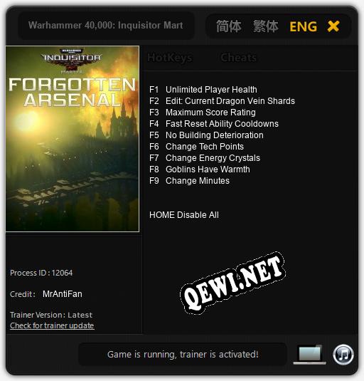 Трейнер для Warhammer 40,000: Inquisitor Martyr Forgotten Arsenal [v1.0.7]