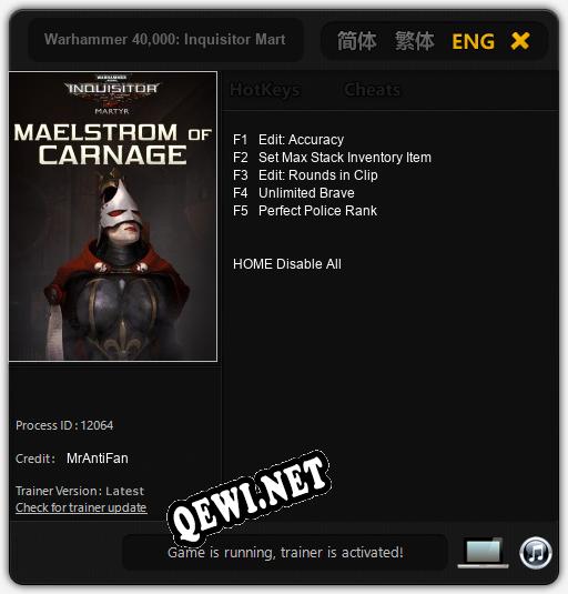 Трейнер для Warhammer 40,000: Inquisitor Martyr Maelstrom of Carnage [v1.0.8]