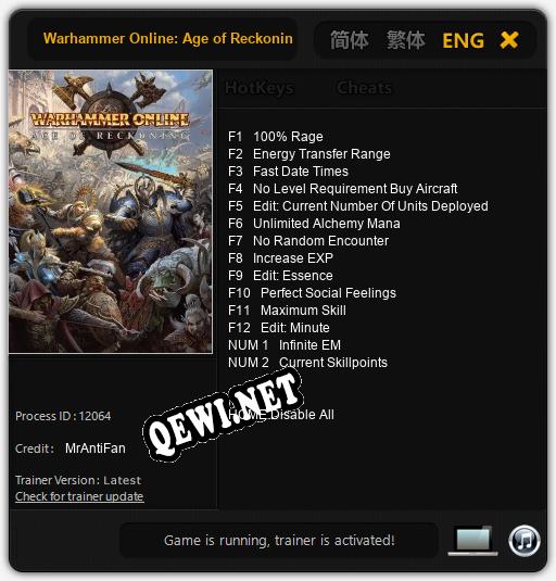 Трейнер для Warhammer Online: Age of Reckoning [v1.0.7]