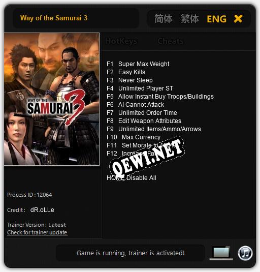 Way of the Samurai 3: ТРЕЙНЕР И ЧИТЫ (V1.0.1)