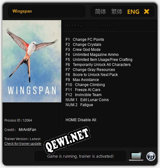 Трейнер для Wingspan [v1.0.6]