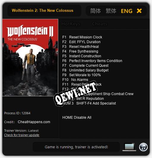 Wolfenstein 2: The New Colossus: ТРЕЙНЕР И ЧИТЫ (V1.0.56)