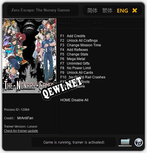 Трейнер для Zero Escape: The Nonary Games [v1.0.2]