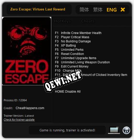 Zero Escape: Virtues Last Reward: Трейнер +12 [v1.7]
