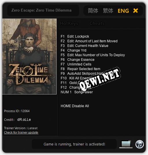 Трейнер для Zero Escape: Zero Time Dilemma [v1.0.2]