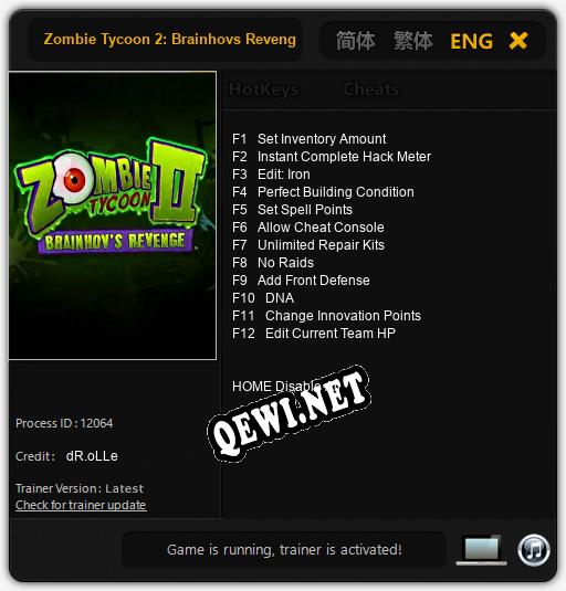 Трейнер для Zombie Tycoon 2: Brainhovs Revenge [v1.0.1]